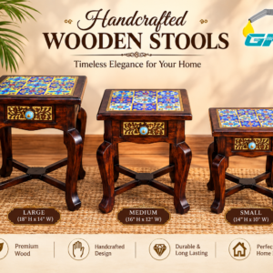 GKD Handcrafted Wooden Stool Accent Table Set 3