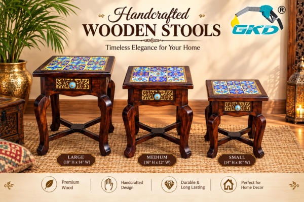 GKD Handcrafted Wooden Stool Accent Table Set 3